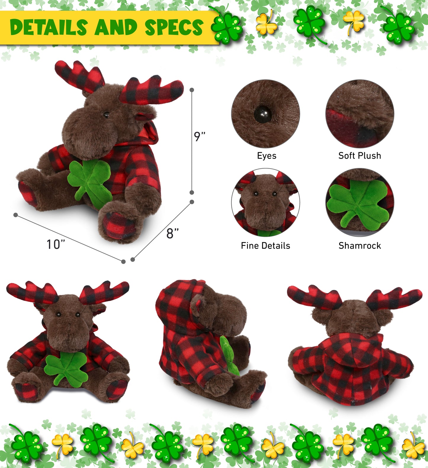 DolliBu Brown Moose with Red Plaid Hoodie with Green Plush Shamrock - 10 Inches