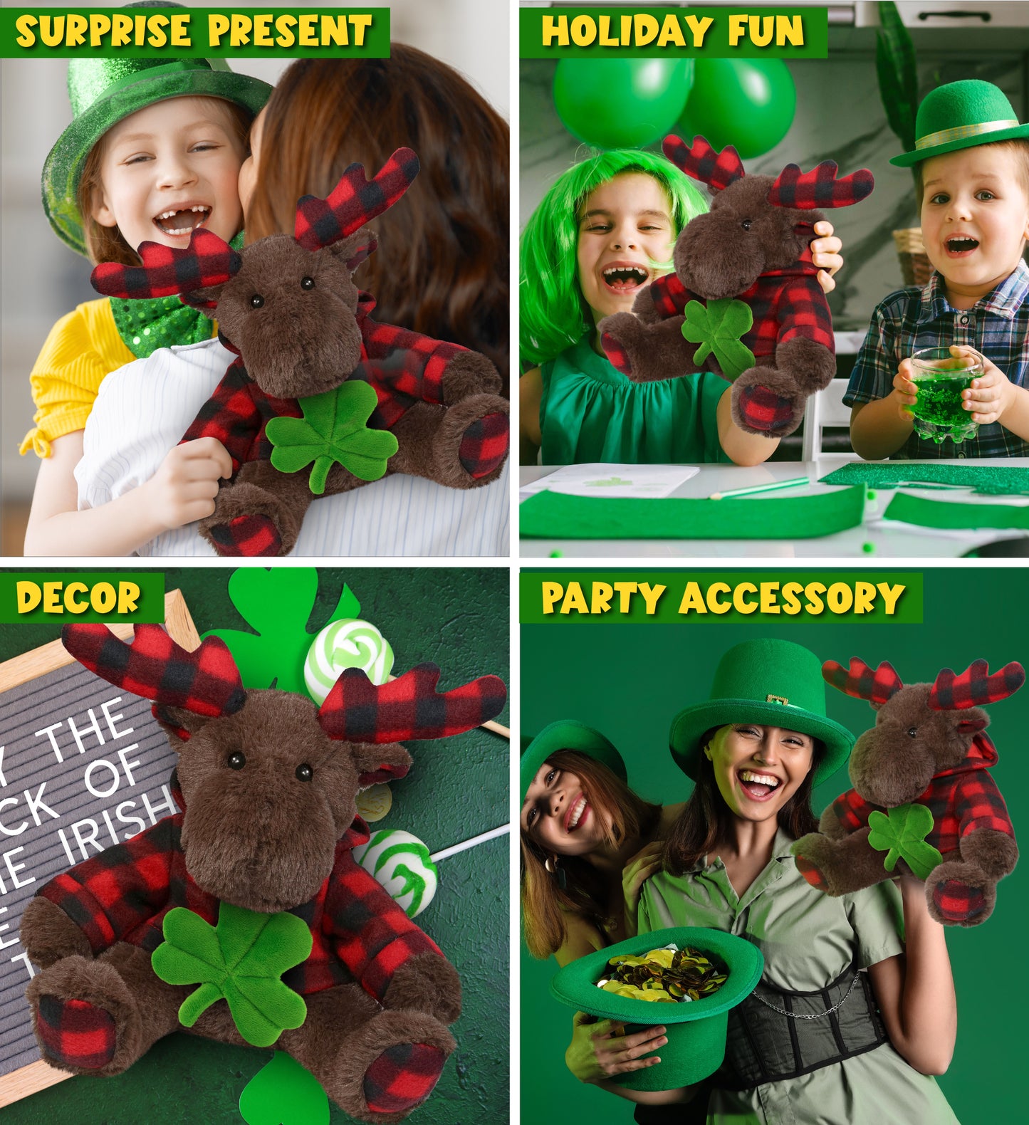 DolliBu Brown Moose with Red Plaid Hoodie with Green Plush Shamrock - 10 Inches