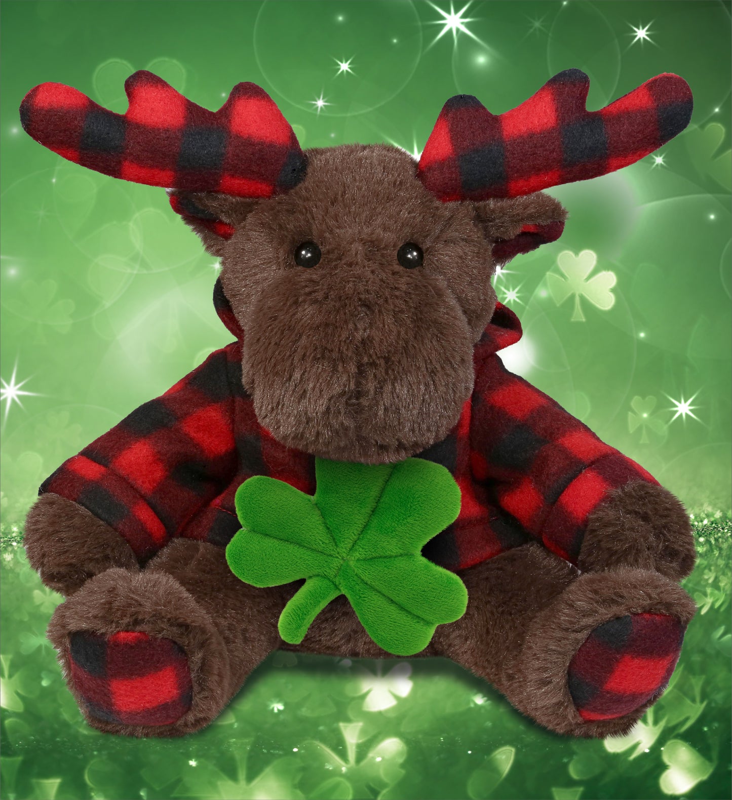 DolliBu Brown Moose with Red Plaid Hoodie with Green Plush Shamrock - 10 Inches