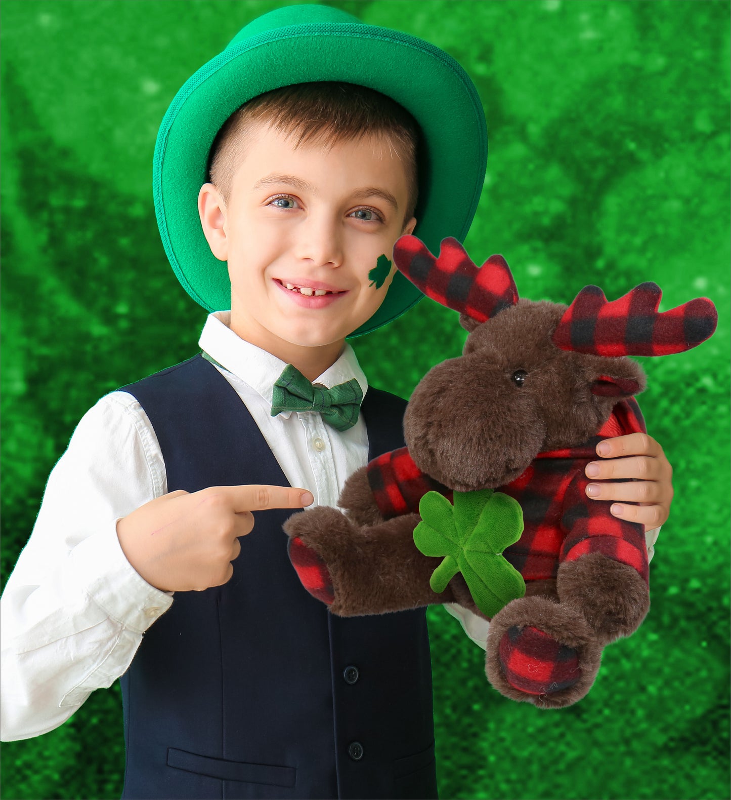 DolliBu Brown Moose with Red Plaid Hoodie with Green Plush Shamrock - 10 Inches