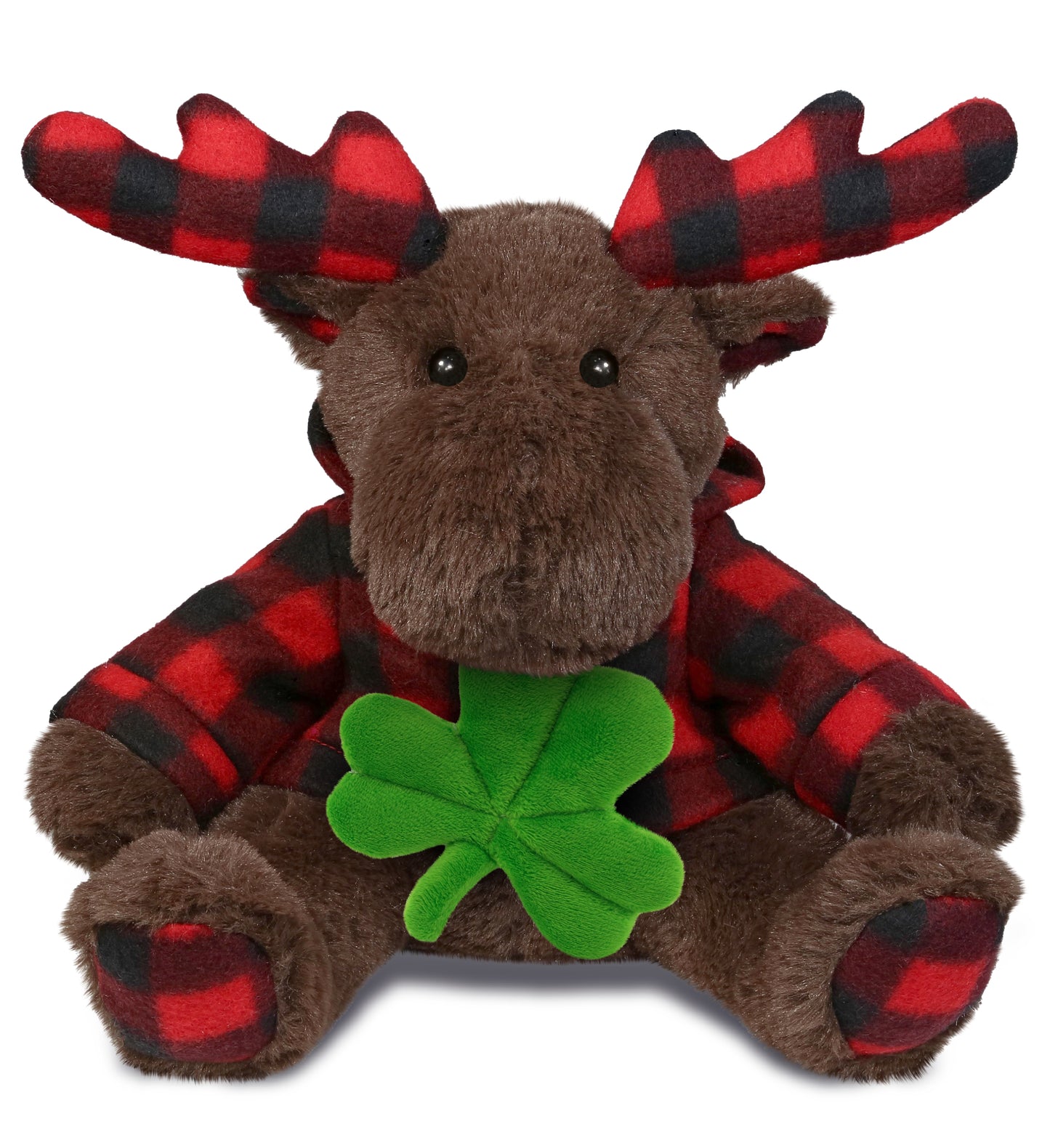 DolliBu Brown Moose with Red Plaid Hoodie with Green Plush Shamrock - 10 Inches