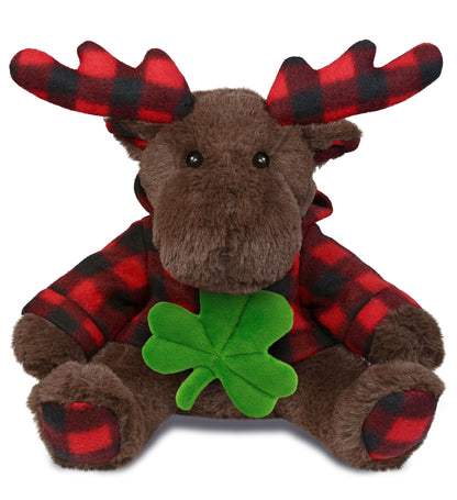 DolliBu Brown Moose with Red Plaid Hoodie with Green Plush Shamrock - 10 Inches
