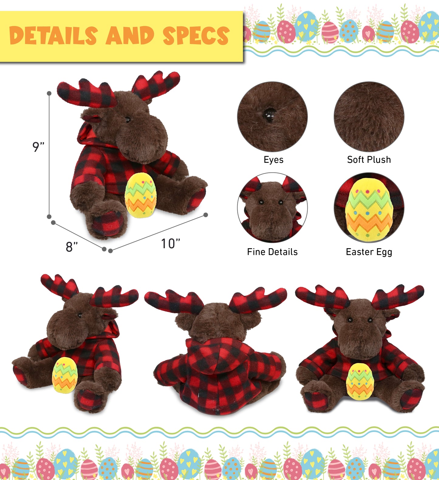 DolliBu Plaid Brown Moose with Hoodie and Yellow Easter Egg Plush - 10 Inches