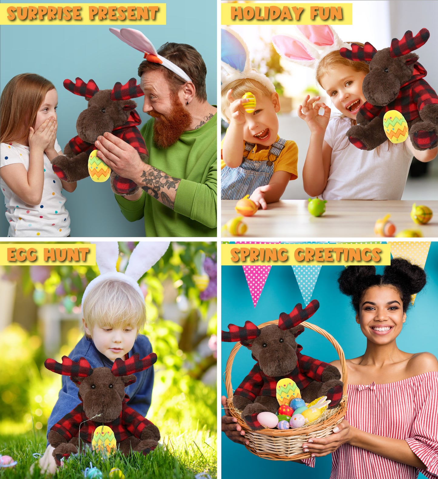 DolliBu Plaid Brown Moose with Hoodie and Yellow Easter Egg Plush - 10 Inches