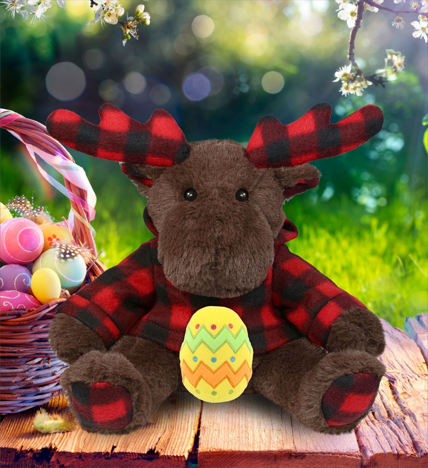 DolliBu Plaid Brown Moose with Hoodie and Yellow Easter Egg Plush - 10 Inches