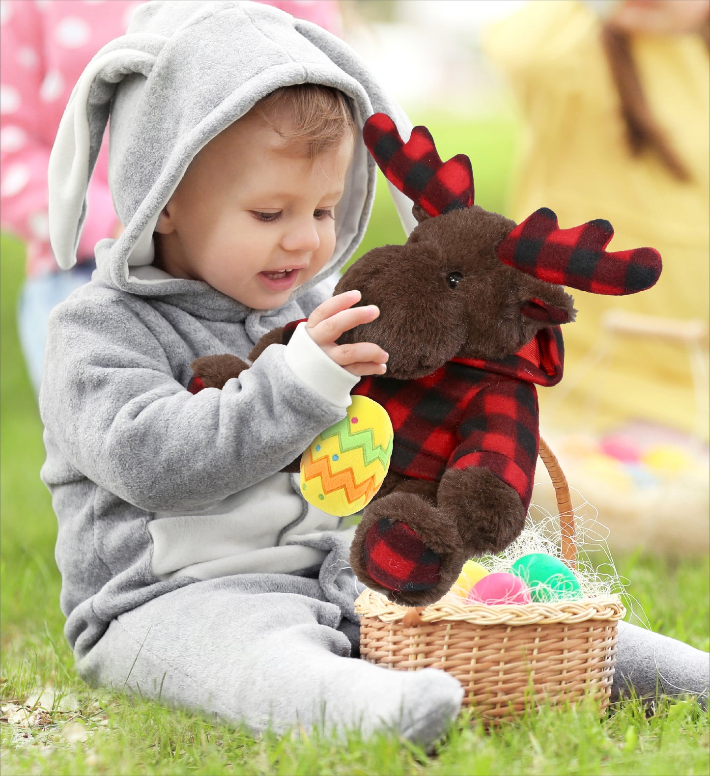 DolliBu Plaid Brown Moose with Hoodie and Yellow Easter Egg Plush - 10 Inches