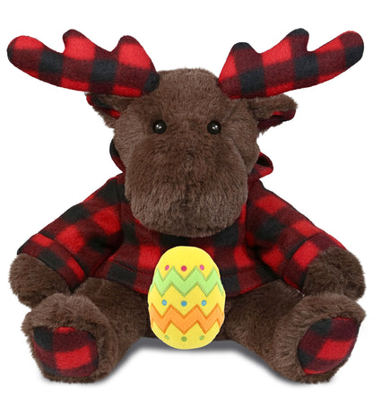 DolliBu Plaid Brown Moose with Hoodie and Yellow Easter Egg Plush - 10 Inches