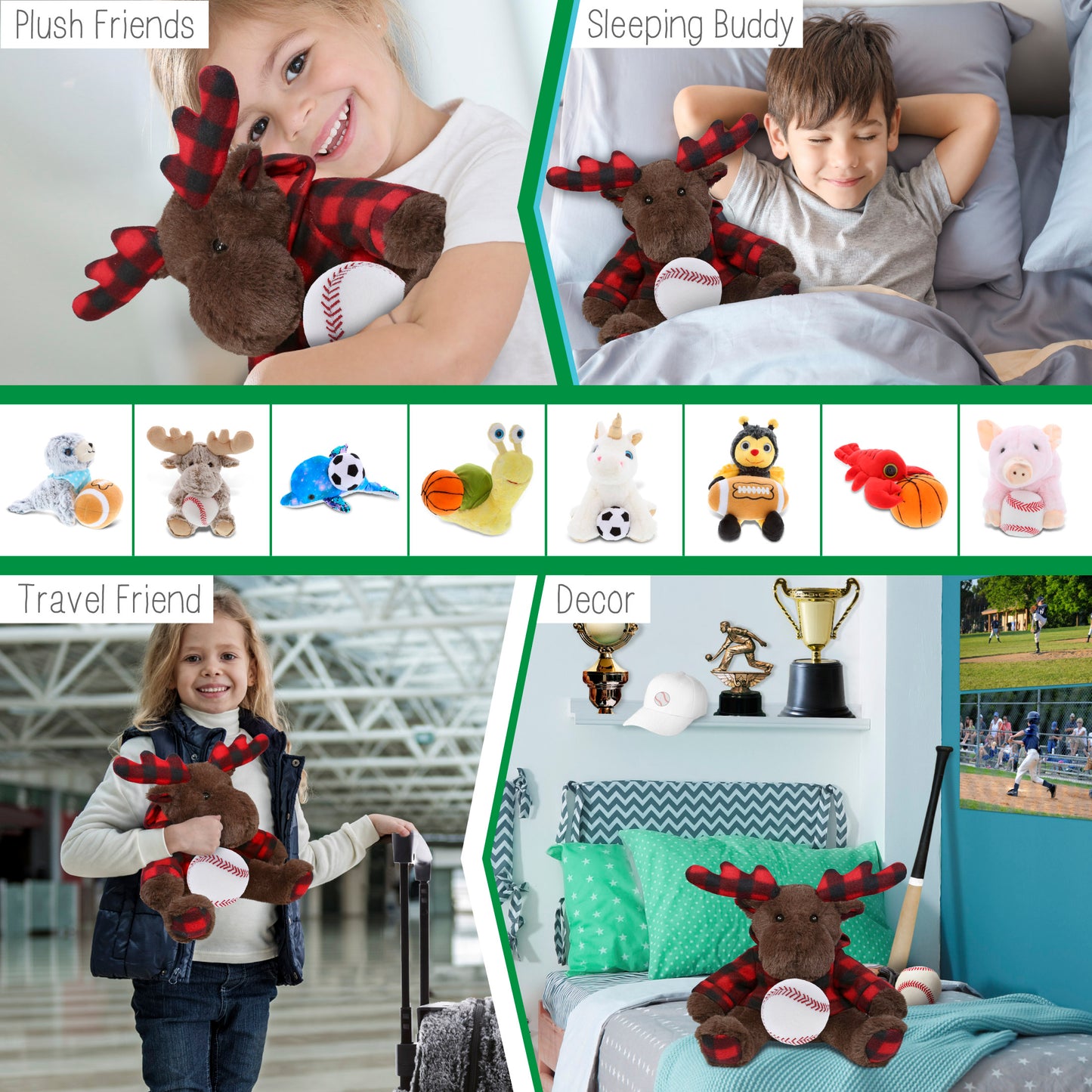 SUPER SOFT PLUSH - PLAID BROWN MOOSE WITH HOODIE with Baseball Plush