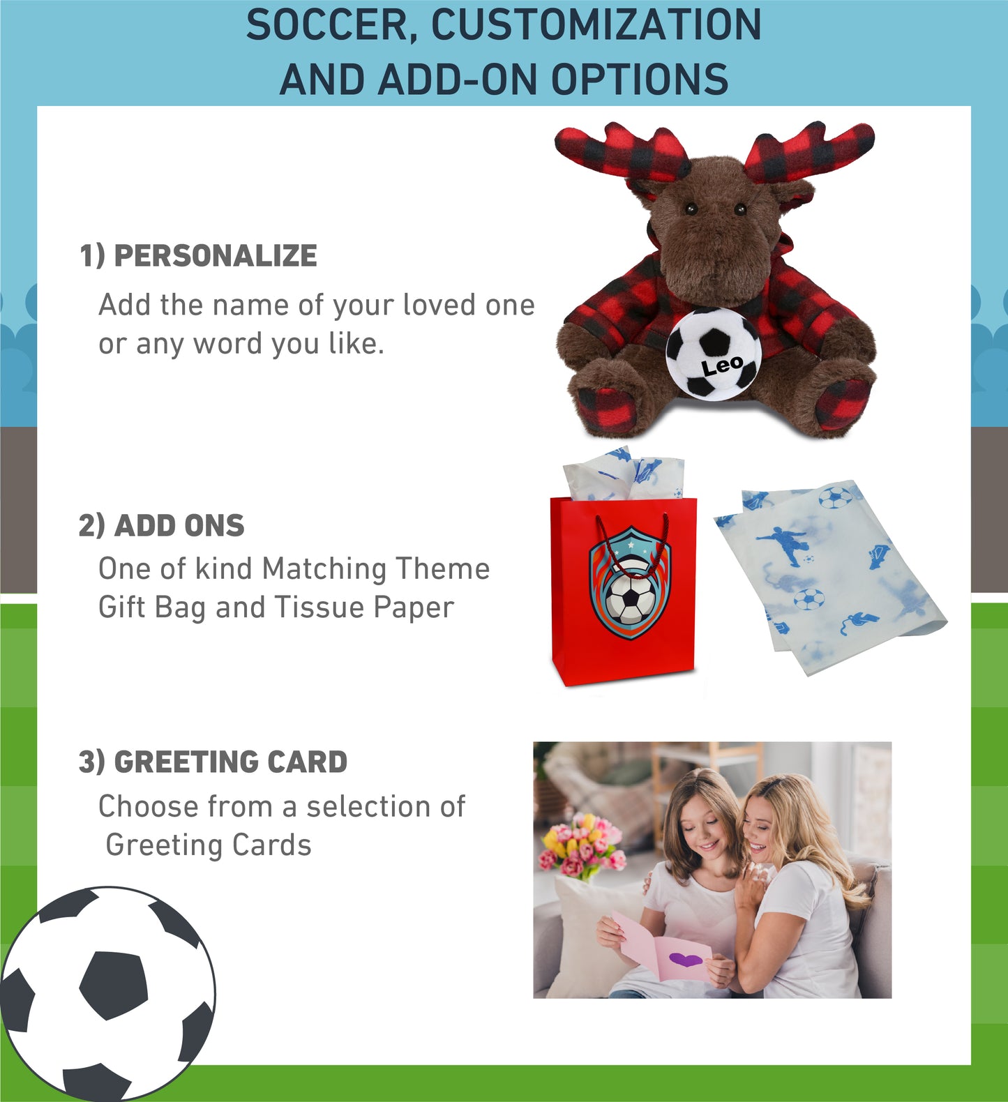 SUPER SOFT PLUSH - PLAID BROWN MOOSE WITH HOODIE with Soccer Plush