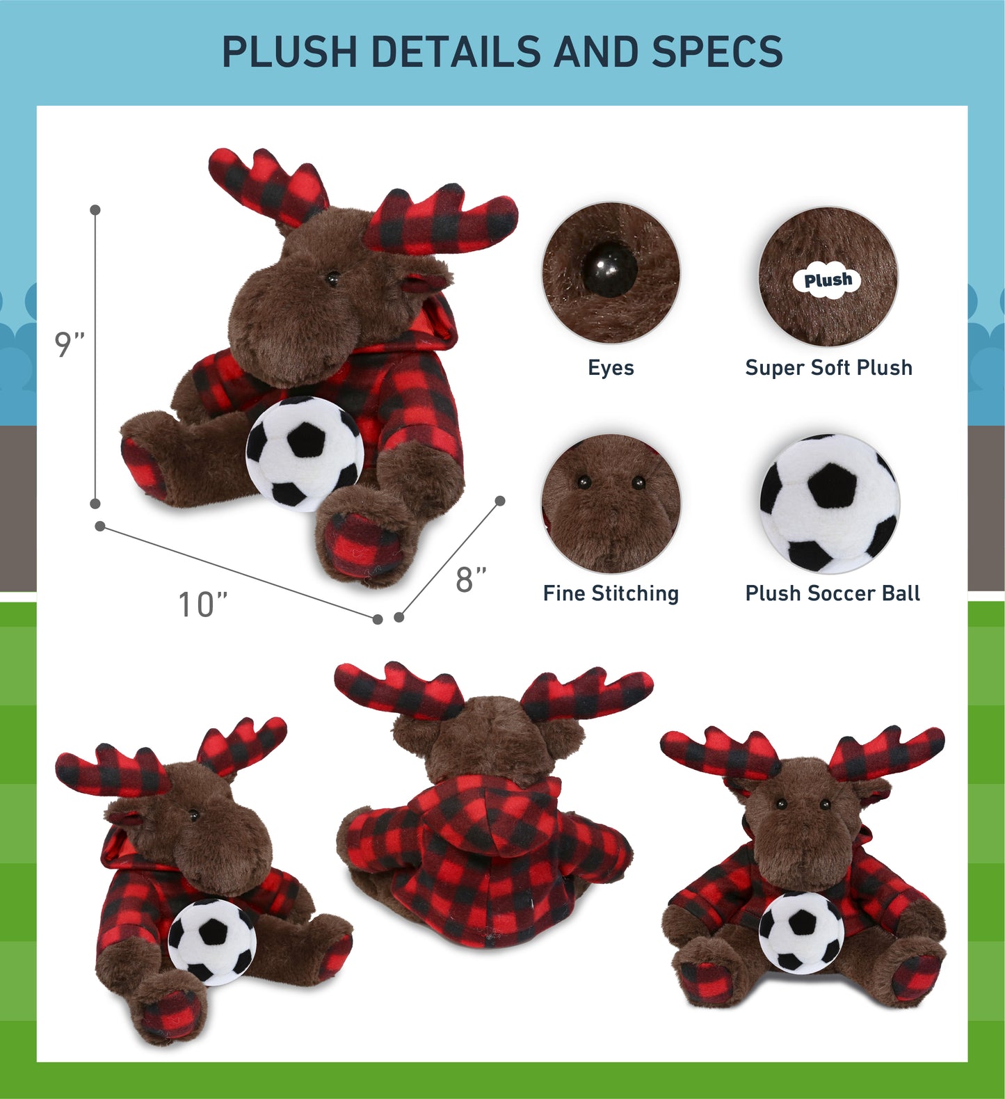 SUPER SOFT PLUSH - PLAID BROWN MOOSE WITH HOODIE with Soccer Plush