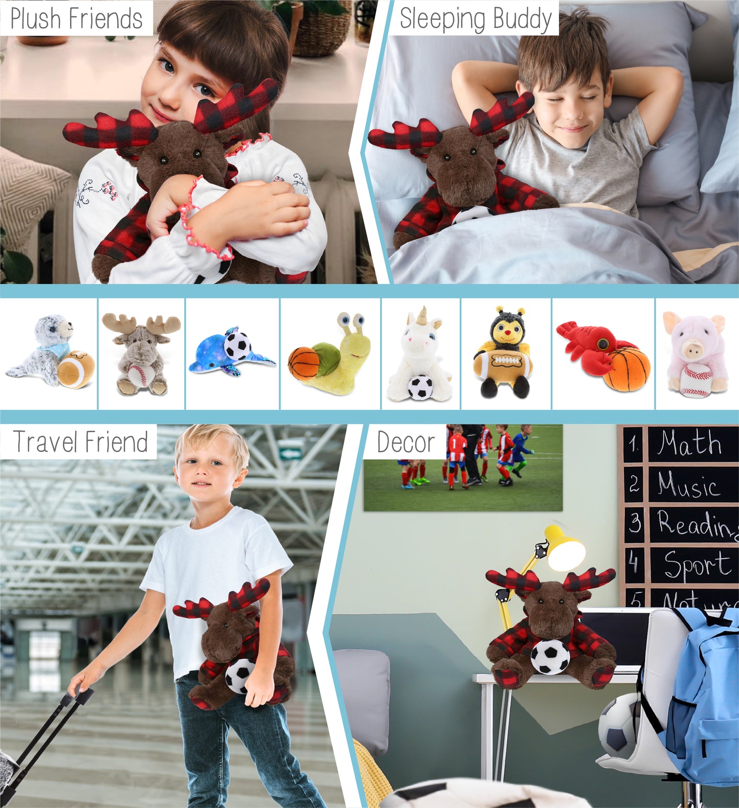 SUPER SOFT PLUSH - PLAID BROWN MOOSE WITH HOODIE with Soccer Plush