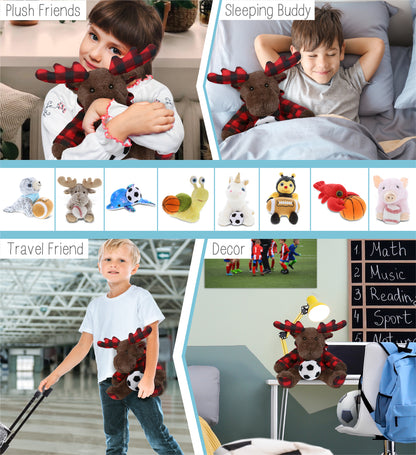 SUPER SOFT PLUSH - PLAID BROWN MOOSE WITH HOODIE with Soccer Plush