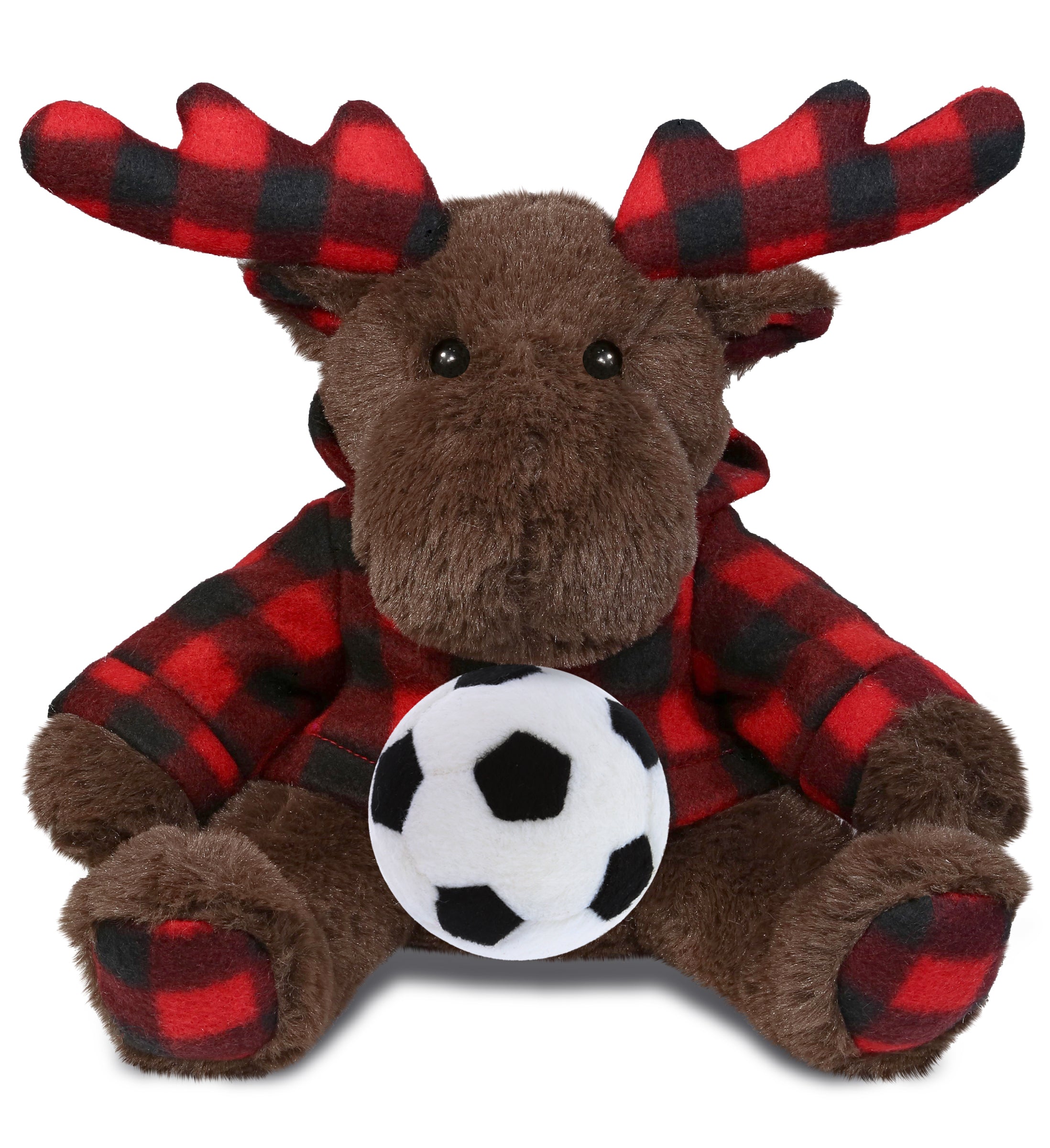 SUPER SOFT PLUSH - PLAID BROWN MOOSE WITH HOODIE with Soccer Plush