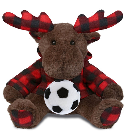 SUPER SOFT PLUSH - PLAID BROWN MOOSE WITH HOODIE with Soccer Plush