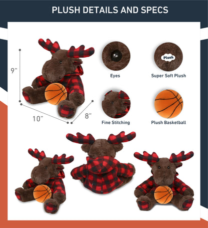 SUPER SOFT PLUSH - PLAID BROWN MOOSE WITH HOODIE with Basketball Plush