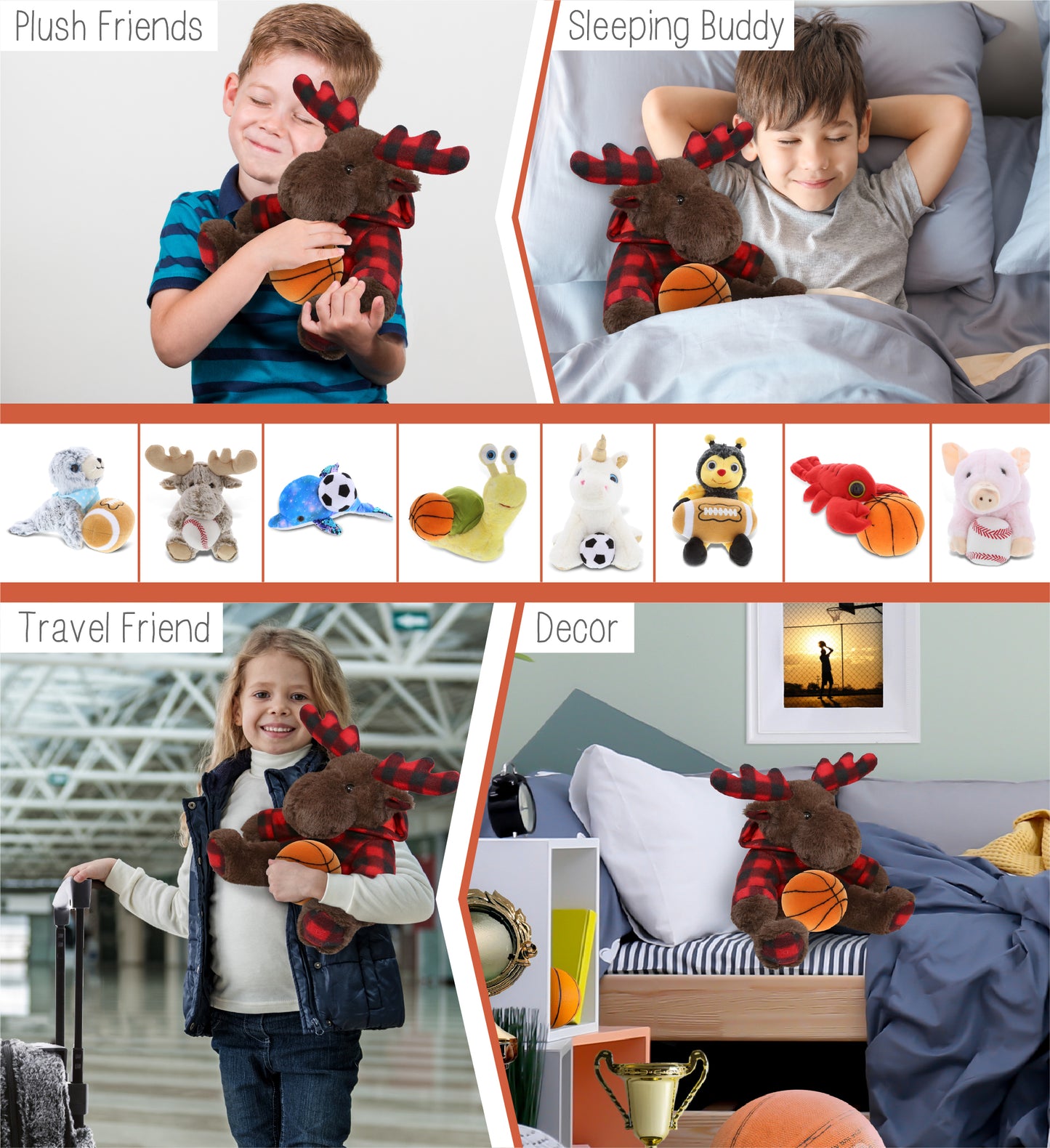 SUPER SOFT PLUSH - PLAID BROWN MOOSE WITH HOODIE with Basketball Plush