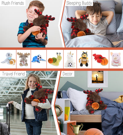 SUPER SOFT PLUSH - PLAID BROWN MOOSE WITH HOODIE with Basketball Plush