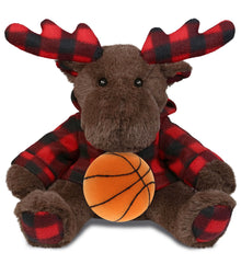 SUPER SOFT PLUSH - PLAID BROWN MOOSE WITH HOODIE with Basketball Plush