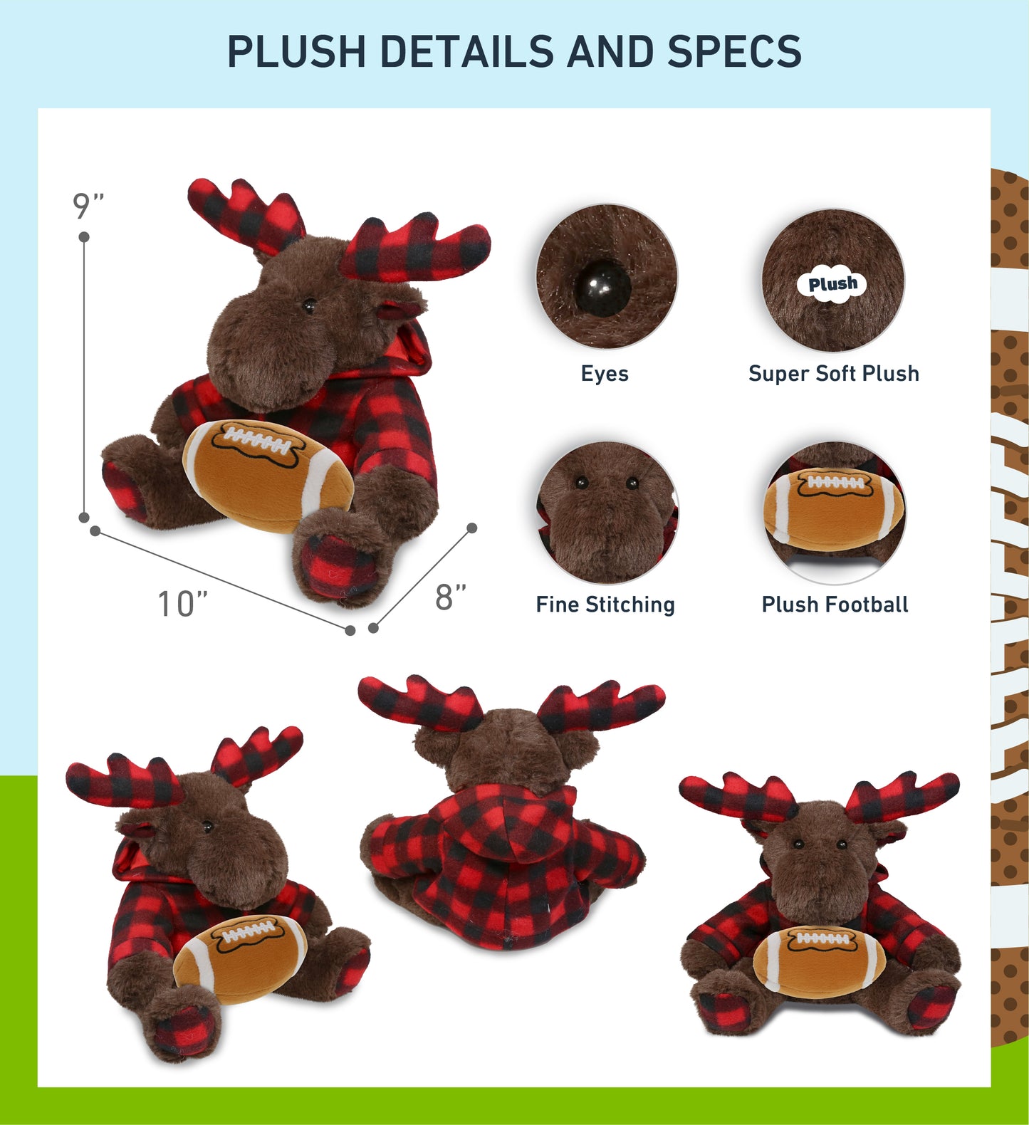 SUPER SOFT PLUSH - PLAID BROWN MOOSE WITH HOODIE with Football Plush