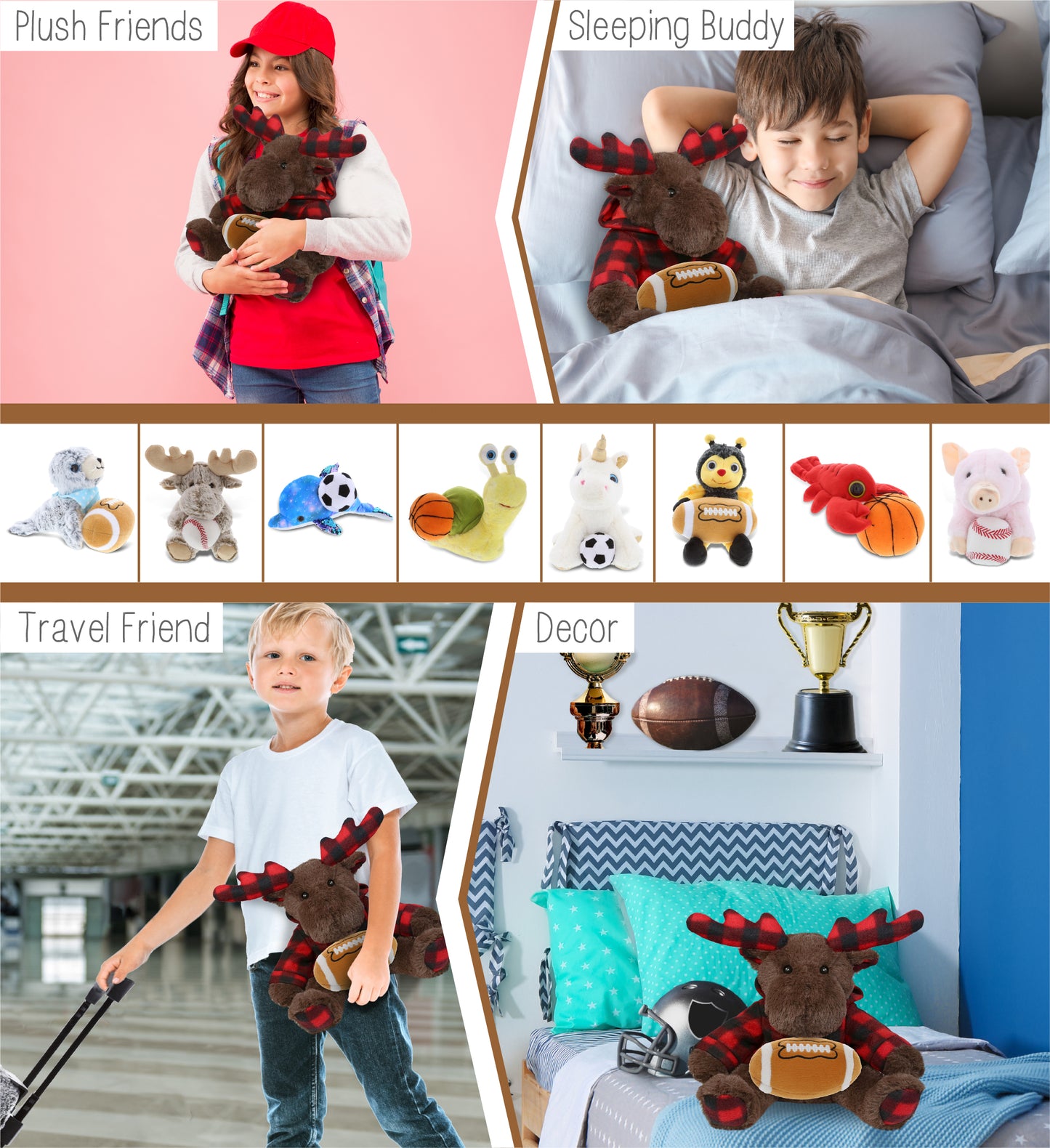 SUPER SOFT PLUSH - PLAID BROWN MOOSE WITH HOODIE with Football Plush