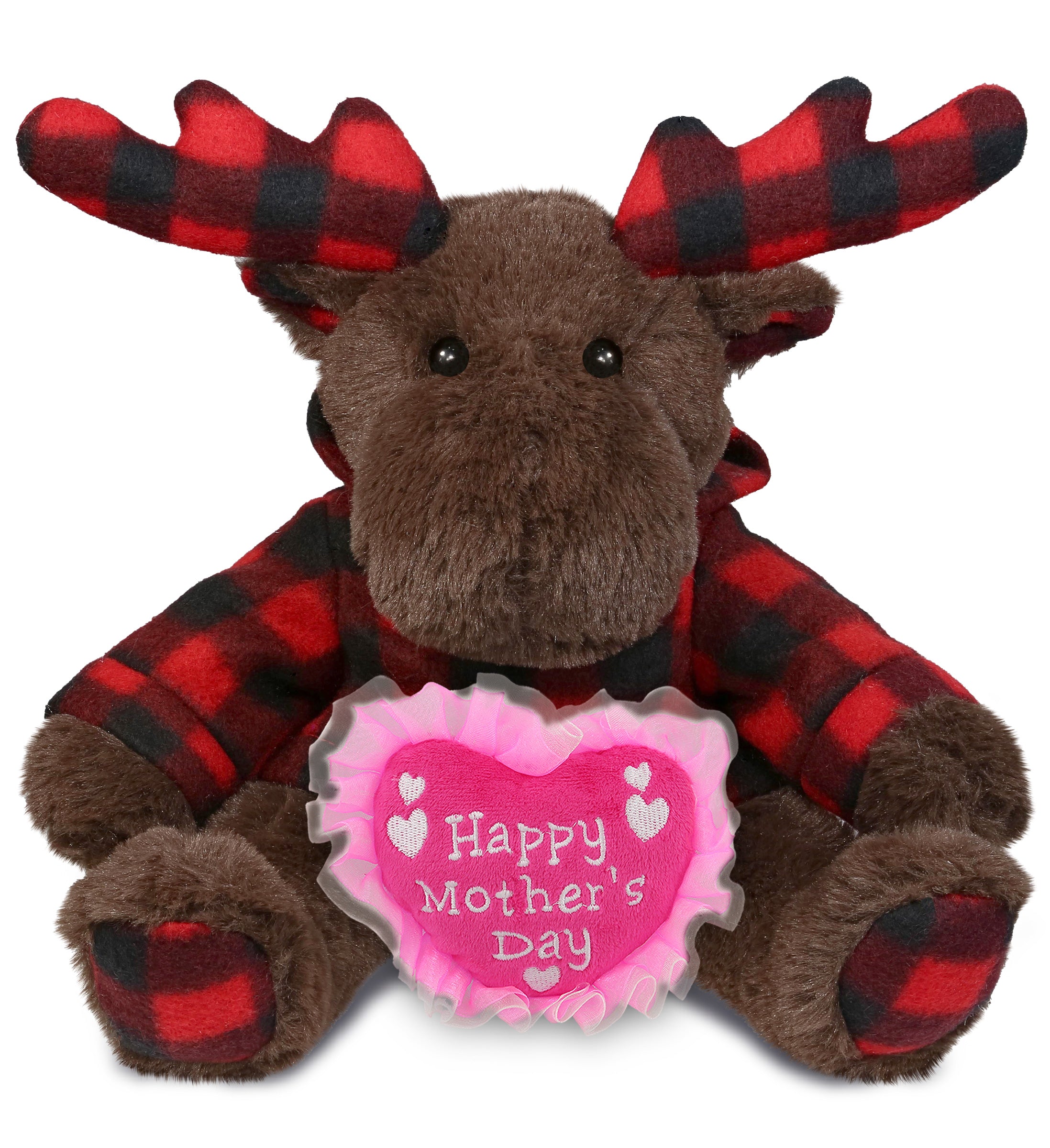 PLUSH MOTHERS DAY HEART - SUPER SOFT PLUSH - PLAID BROWN MOOSE WITH HOODIE