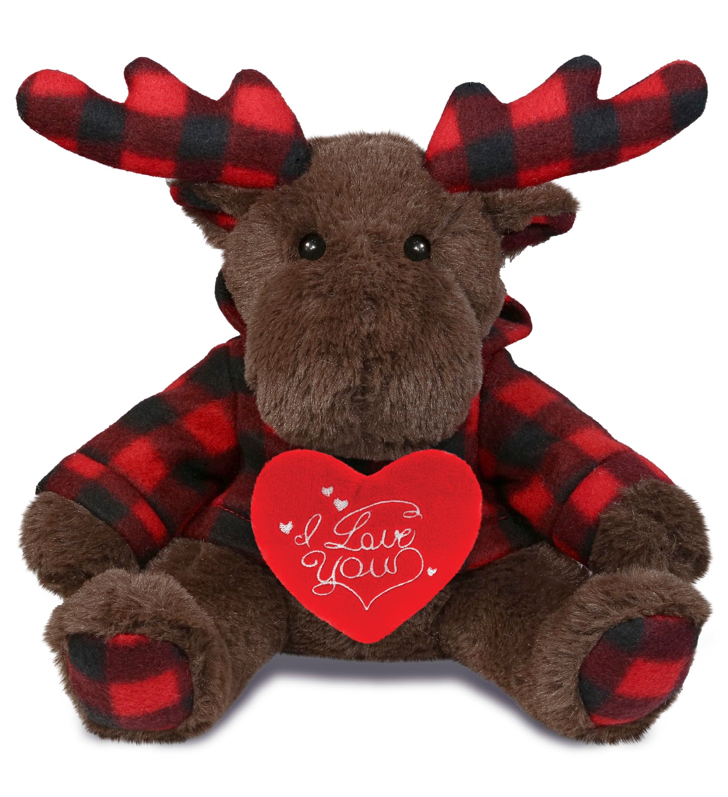 PLUSH I LOVE YOU RED HEART - SUPER SOFT PLUSH - PLAID BROWN MOOSE WITH HOODIE
