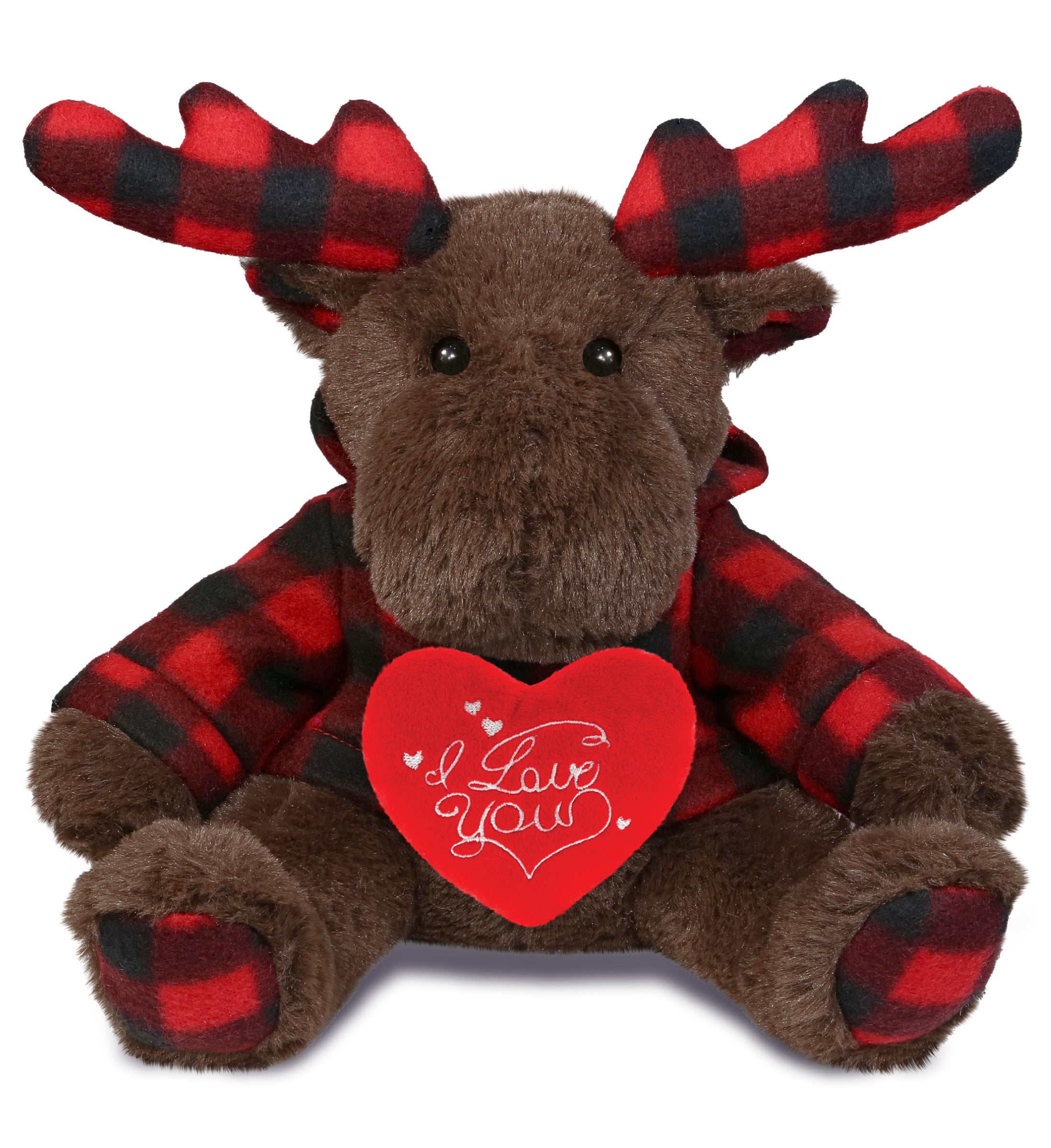 PLUSH I LOVE YOU RED HEART - SUPER SOFT PLUSH - PLAID BROWN MOOSE WITH HOODIE
