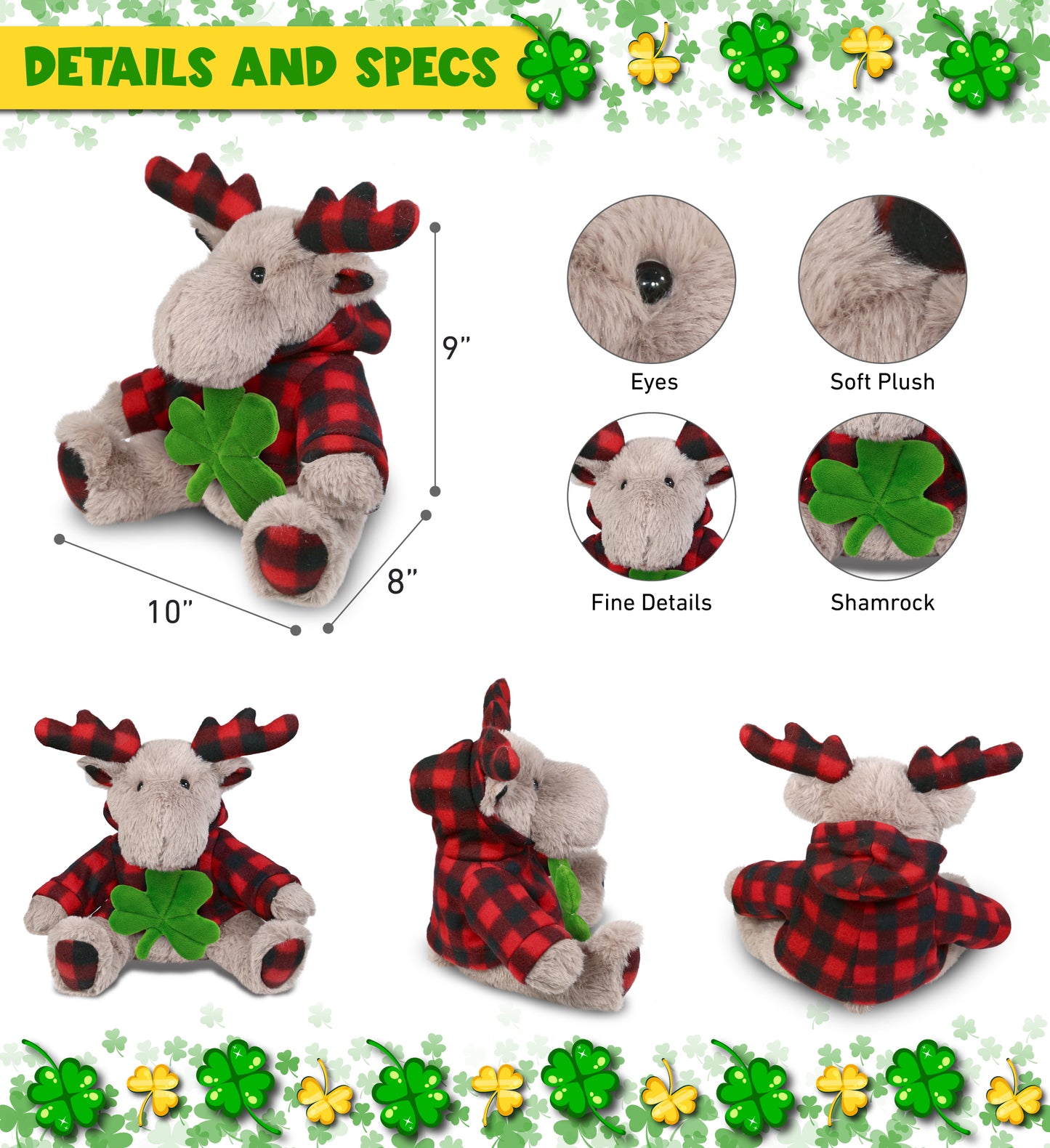 DolliBu Beige Moose with Red Plaid Hoodie with Green Plush Shamrock - 10 Inches