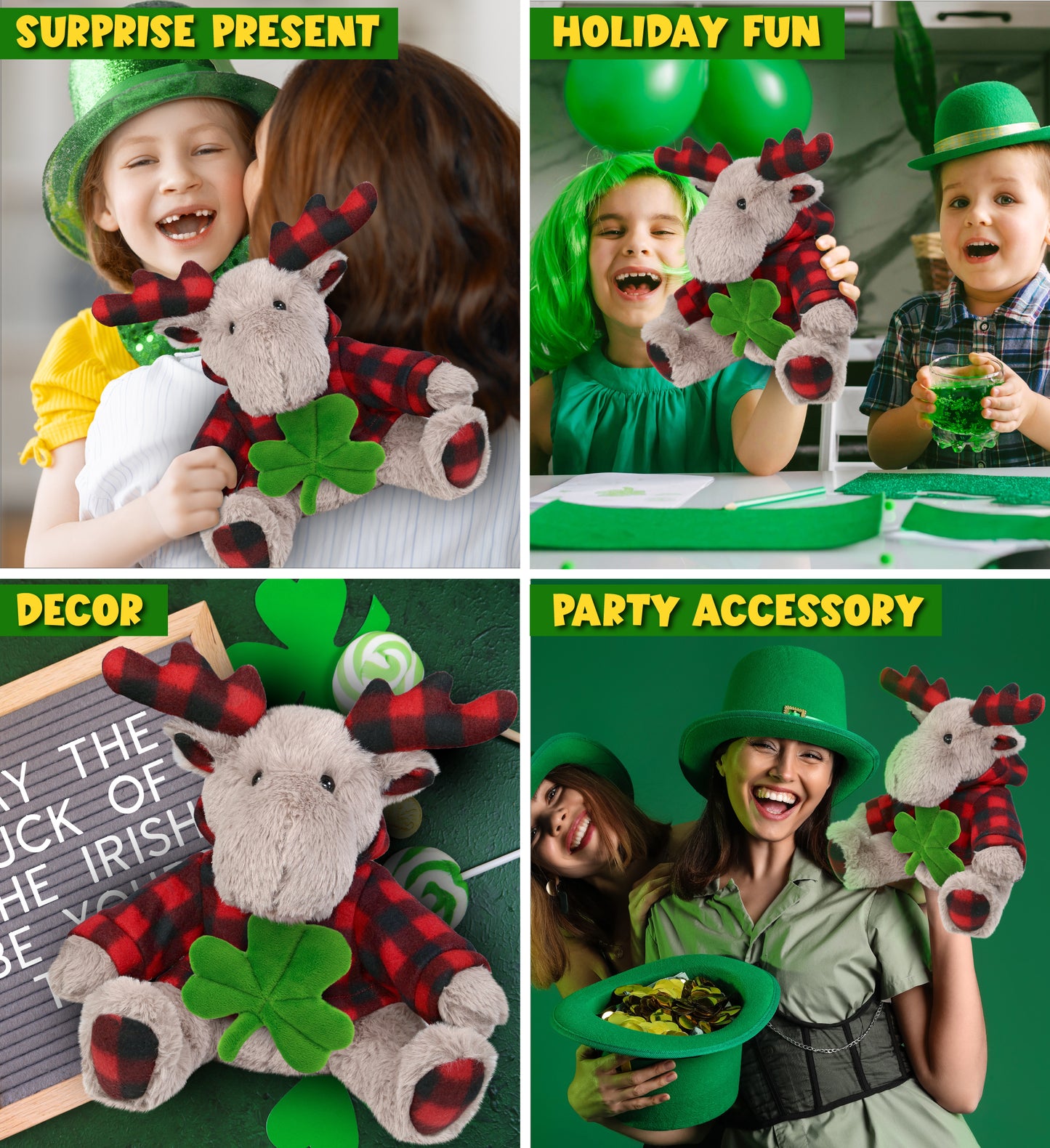 DolliBu Beige Moose with Red Plaid Hoodie with Green Plush Shamrock - 10 Inches