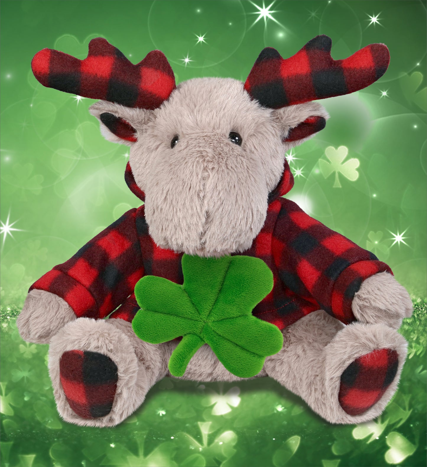 DolliBu Beige Moose with Red Plaid Hoodie with Green Plush Shamrock - 10 Inches
