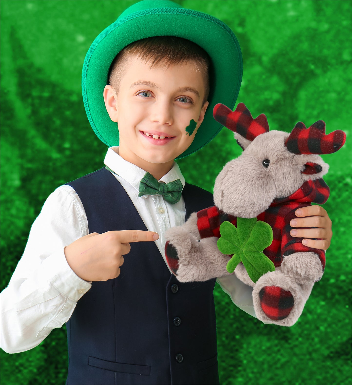 DolliBu Beige Moose with Red Plaid Hoodie with Green Plush Shamrock - 10 Inches