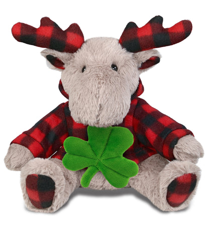DolliBu Beige Moose with Red Plaid Hoodie with Green Plush Shamrock - 10 Inches