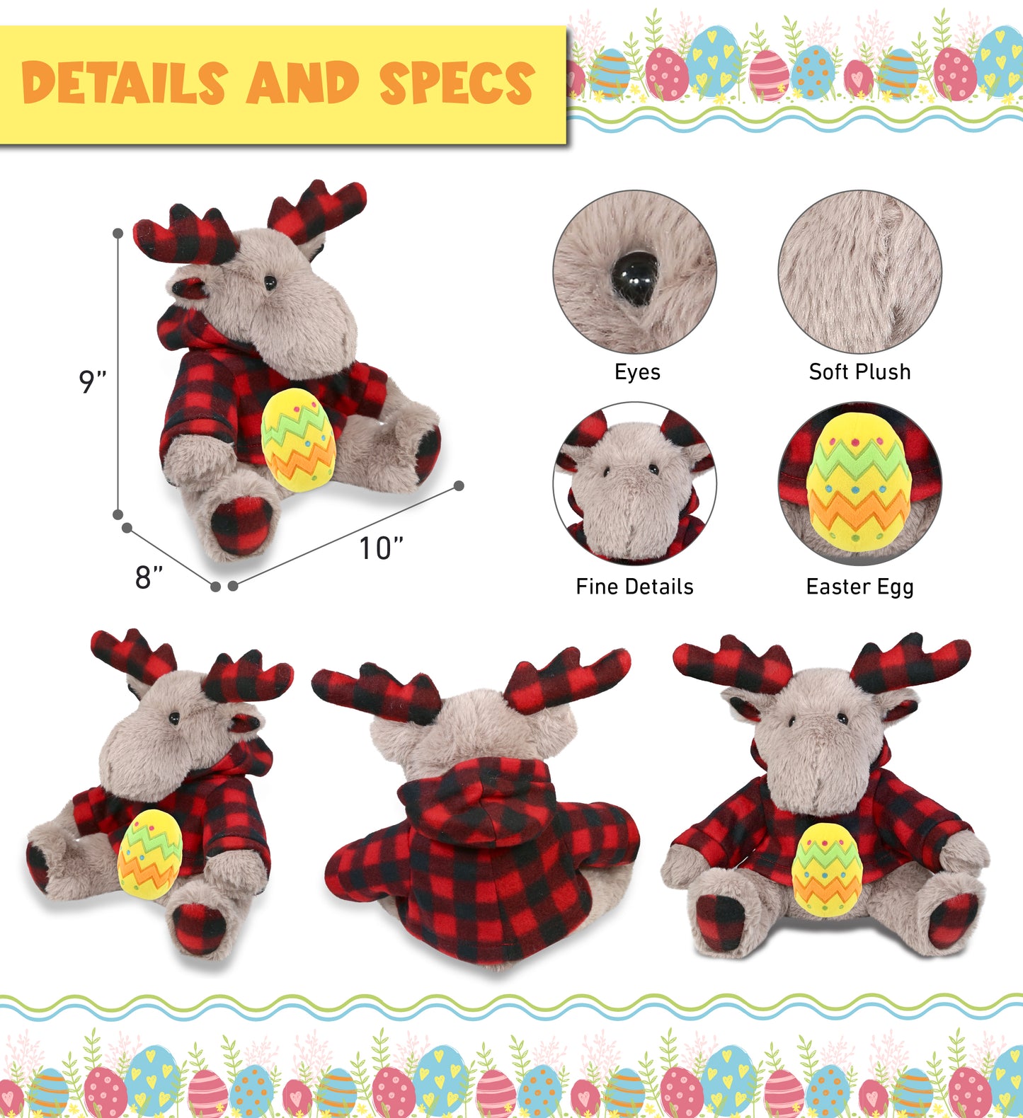 DolliBu Plaid Beige Moose with Hoodie and Yellow Easter Egg Plush - 10 Inches