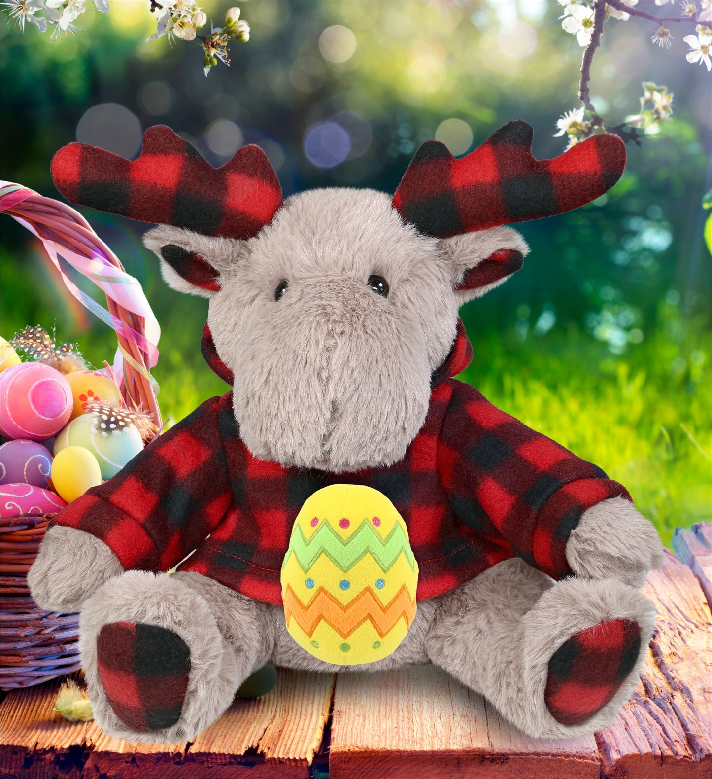 DolliBu Plaid Beige Moose with Hoodie and Yellow Easter Egg Plush - 10 Inches