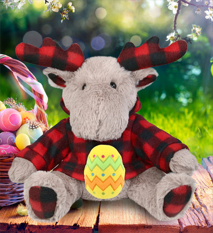 DolliBu Plaid Beige Moose with Hoodie and Yellow Easter Egg Plush - 10 Inches