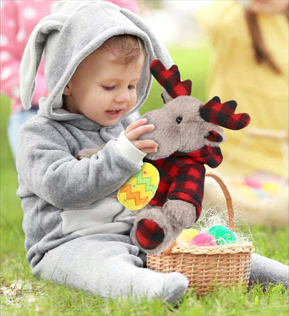 DolliBu Plaid Beige Moose with Hoodie and Yellow Easter Egg Plush - 10 Inches