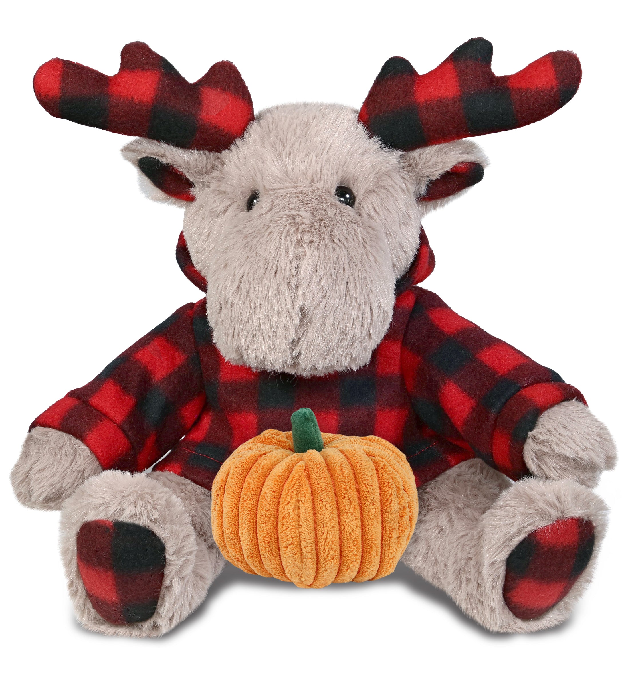 PLUSH PUMPKIN - SUPER SOFT PLUSH - PLAID BEIGE MOOSE WITH HOODIE