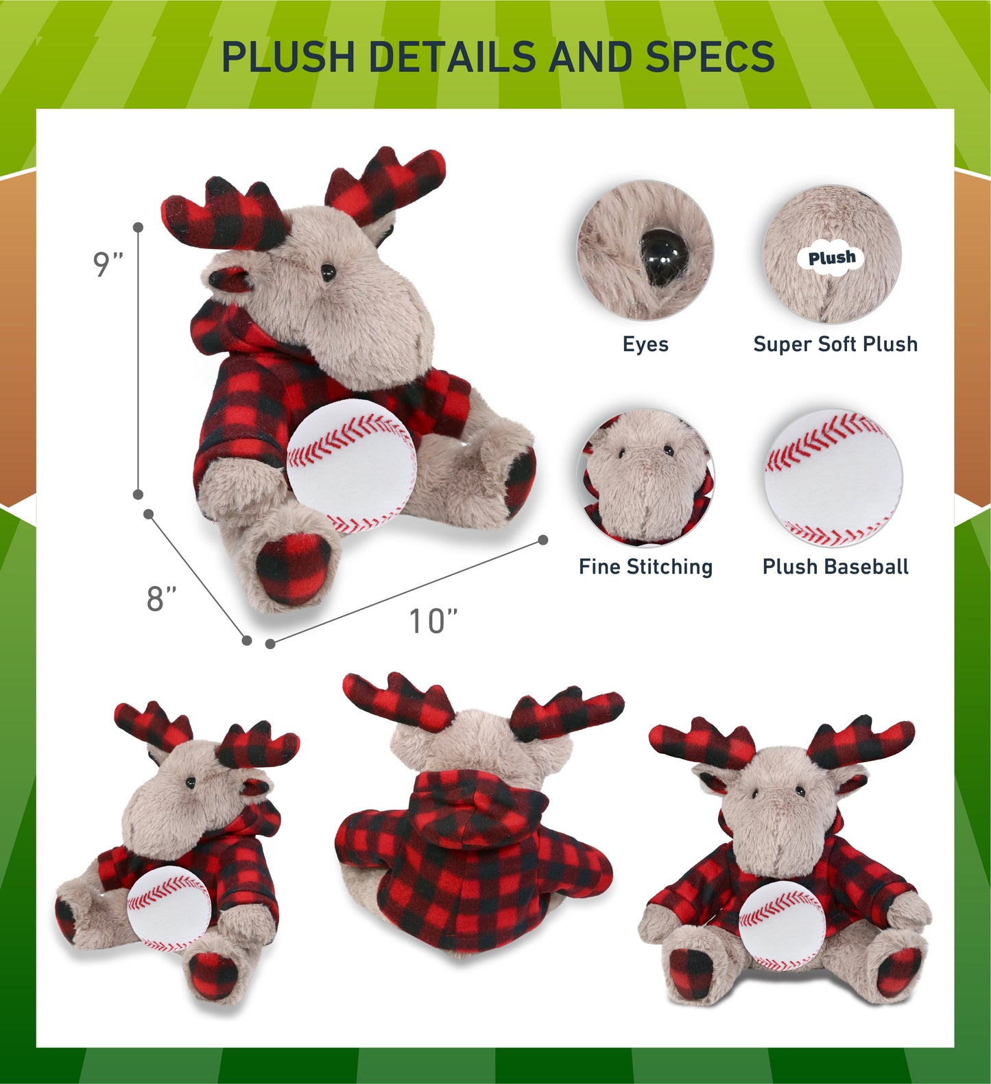 SUPER SOFT PLUSH - PLAID BEIGE MOOSE WITH HOODIE with Baseball Plush