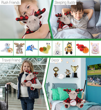 SUPER SOFT PLUSH - PLAID BEIGE MOOSE WITH HOODIE with Baseball Plush
