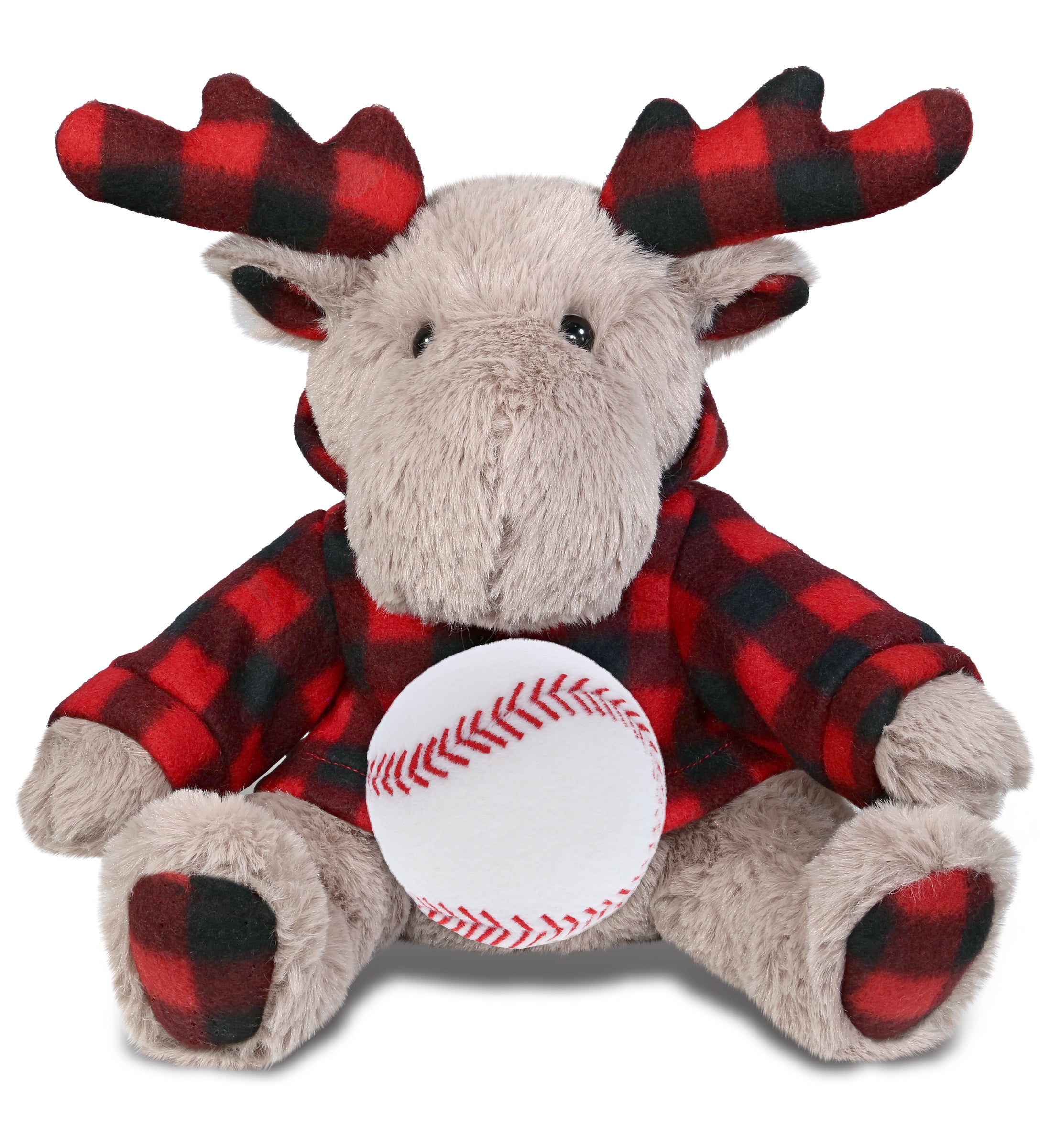 SUPER SOFT PLUSH - PLAID BEIGE MOOSE WITH HOODIE with Baseball Plush