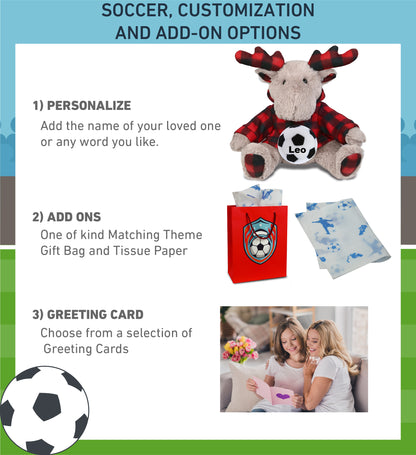 SUPER SOFT PLUSH - PLAID BEIGE MOOSE WITH HOODIE with Soccer Plush