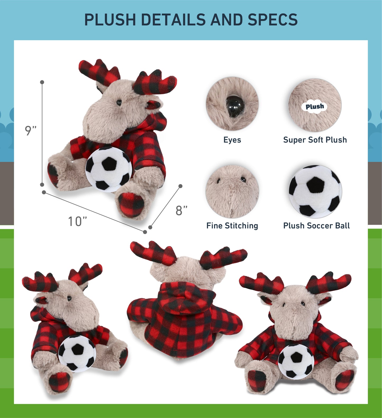 SUPER SOFT PLUSH - PLAID BEIGE MOOSE WITH HOODIE with Soccer Plush