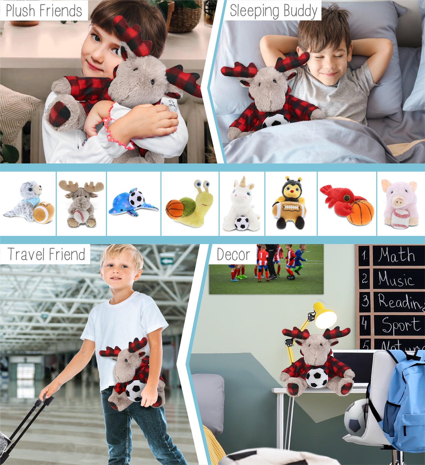 SUPER SOFT PLUSH - PLAID BEIGE MOOSE WITH HOODIE with Soccer Plush
