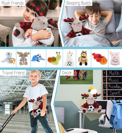 SUPER SOFT PLUSH - PLAID BEIGE MOOSE WITH HOODIE with Soccer Plush