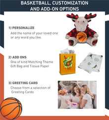 SUPER SOFT PLUSH - PLAID BEIGE MOOSE WITH HOODIE with Basketball Plush