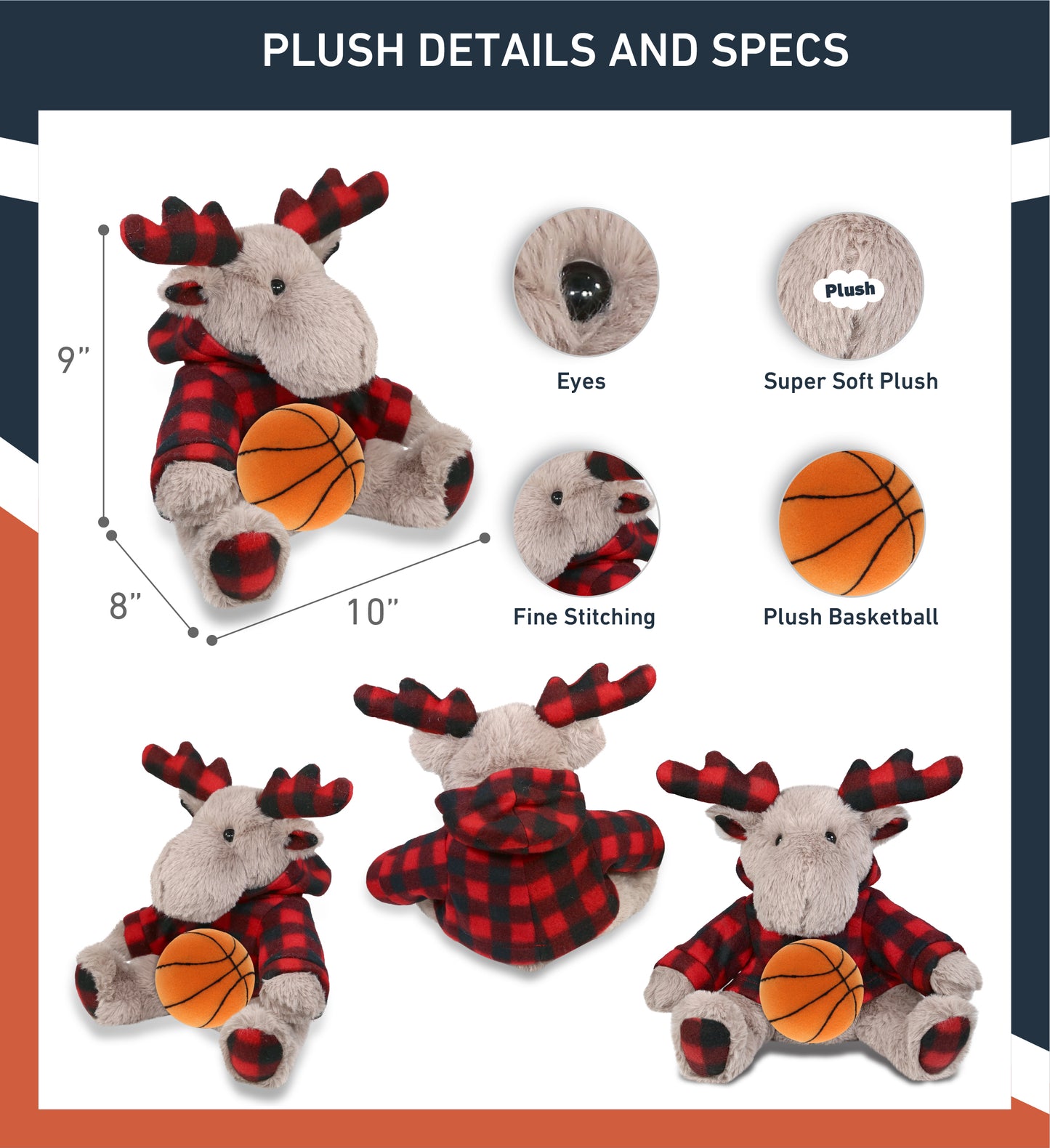 SUPER SOFT PLUSH - PLAID BEIGE MOOSE WITH HOODIE with Basketball Plush