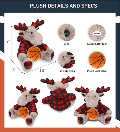 SUPER SOFT PLUSH - PLAID BEIGE MOOSE WITH HOODIE with Basketball Plush