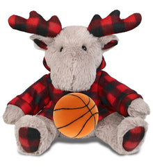 SUPER SOFT PLUSH - PLAID BEIGE MOOSE WITH HOODIE with Basketball Plush