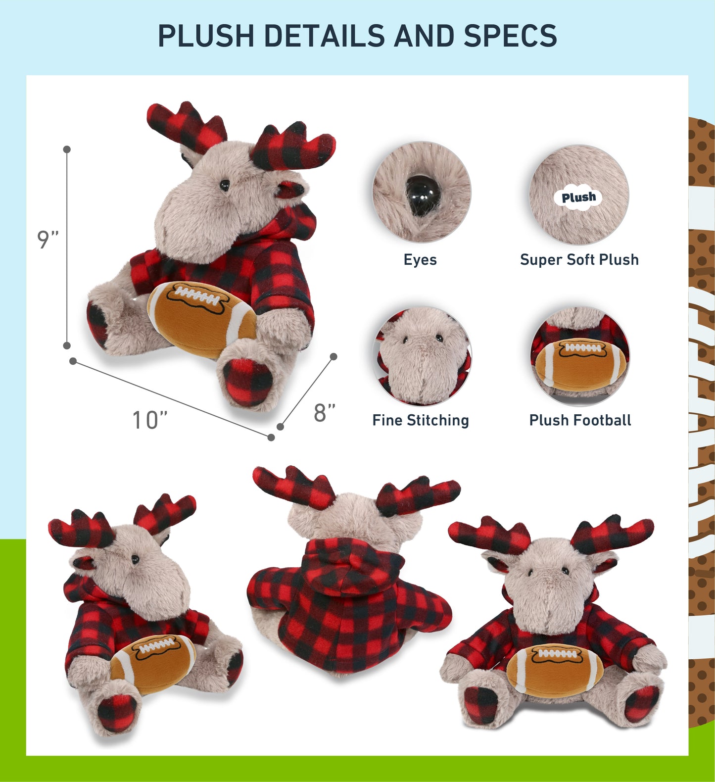 SUPER SOFT PLUSH - PLAID BEIGE MOOSE WITH HOODIE with Football Plush
