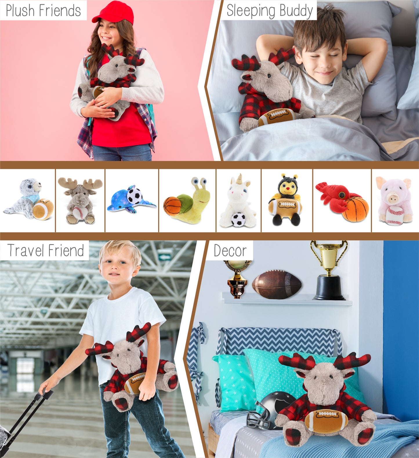 SUPER SOFT PLUSH - PLAID BEIGE MOOSE WITH HOODIE with Football Plush